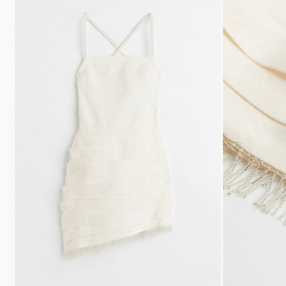 H&M Linen Beaded Fringed Elastic Shoulder Straps Asymmetrical Hem Open Back Sz L